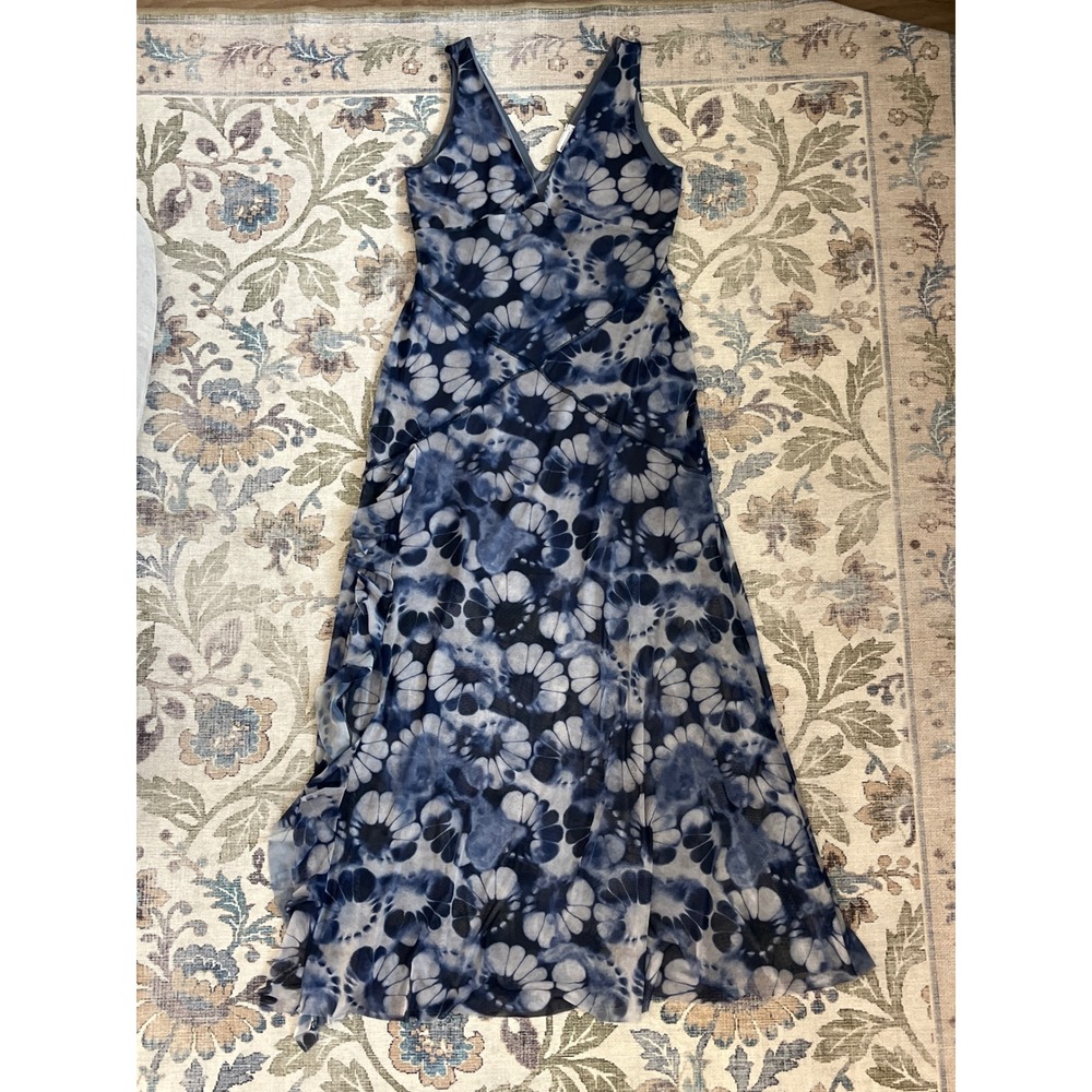 ASOS DESIGN Maxi Dress Women 12 Blue Excellent Floral Mesh Tie Dye Ruffle V-Neck